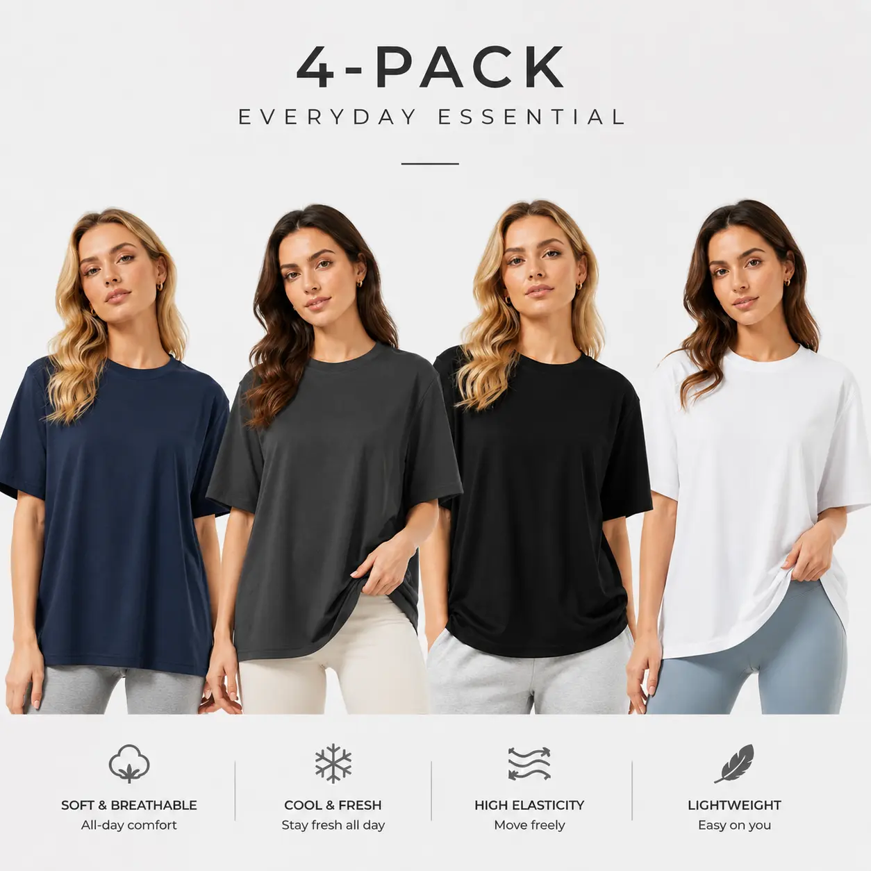 Women's 4-Pack Oversize Shortleeve Tshirts - Buttery-Cotton Blend, Round Neck, Soft, Breathable, Lightweight Baggy Tops, Wardrobe Staples, OOTD Ideas, Casual Streetwear Daily Elevated Basics, Shortsleeve, Fabric