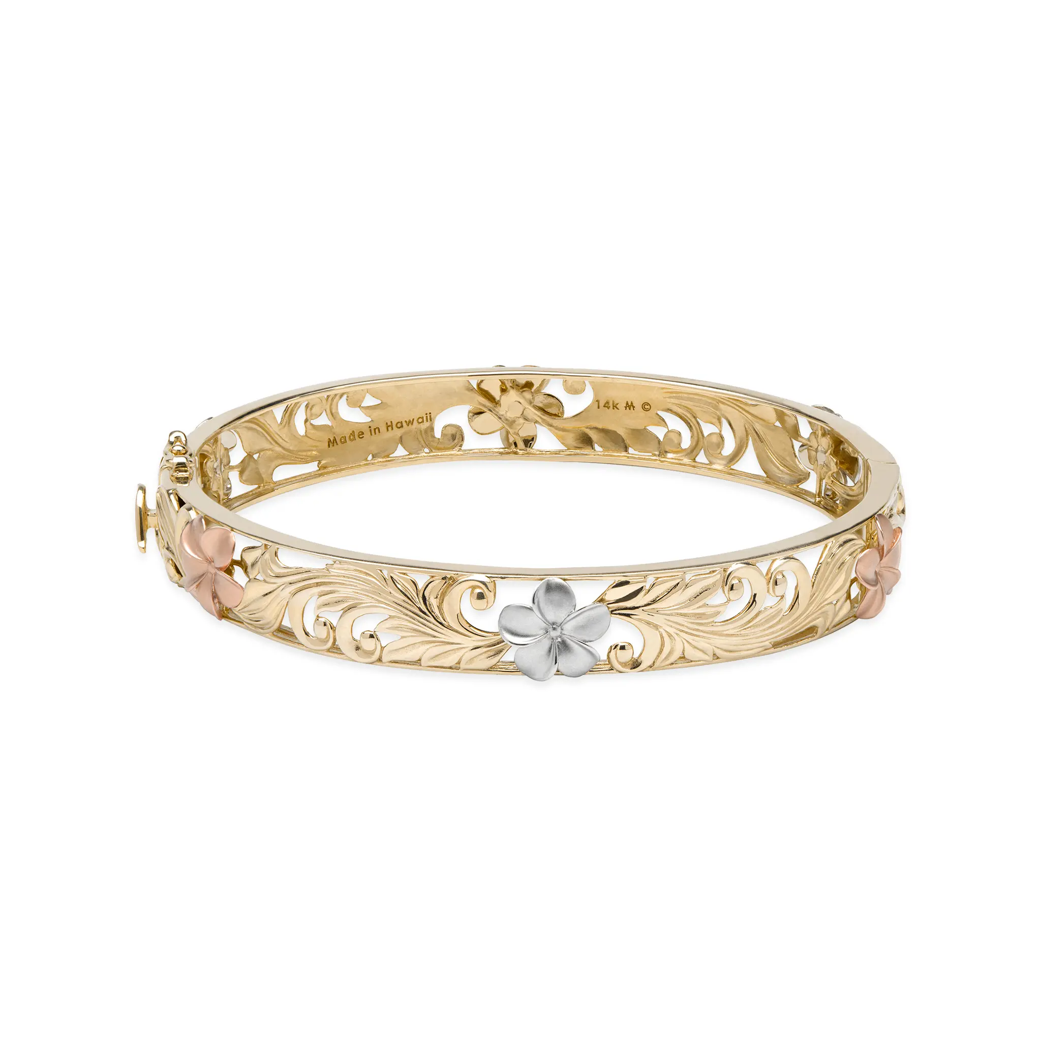 Hawaiian Heirloom Plumeria Hinge Bracelet in Tri Color Gold - 10mm
