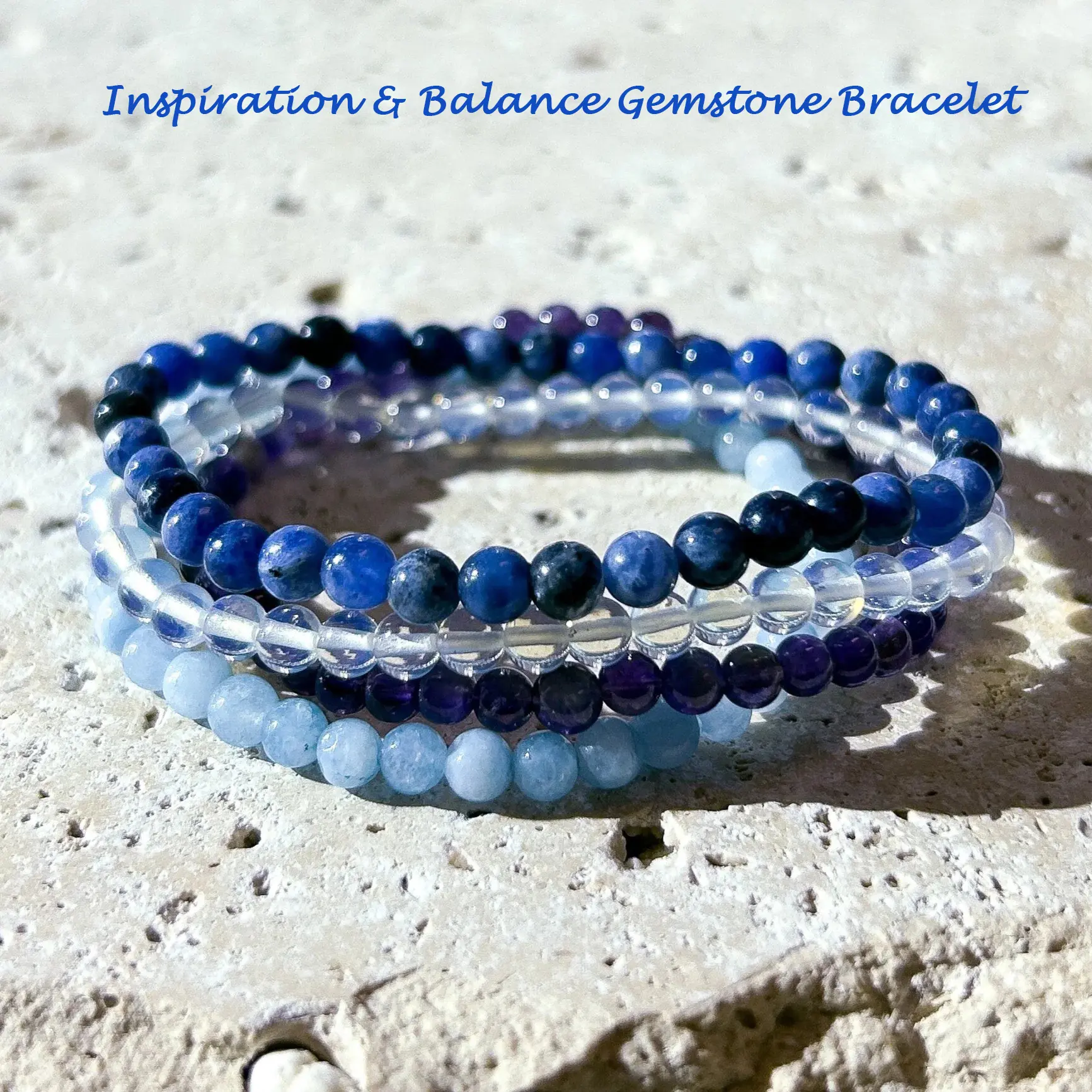Inspiration & Balance Beaded Gemstone Bracelet 4pcs Set - Sodalite, Aquamarine , Amethyst and Clear Quartz, 4mm Beaded Energy Crystal Bracelets