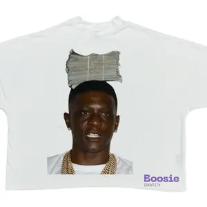 Boosie Identify Tee - White Graphic T-Shirt with Iconic Image and Purple Branding