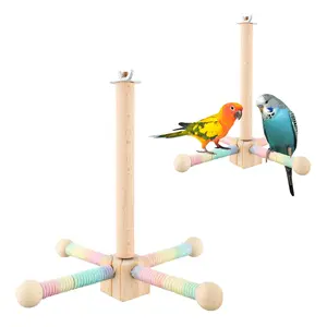 360° Rotating Natural Wood Parrot Perch Stand - Universal Traditional Bird Toy with Colorful Rope, Hanging Cage Gym Accessories, Swings for Small Birds, Balance Training, Beak Trimming, Beak-Friendly Chewing Fun
