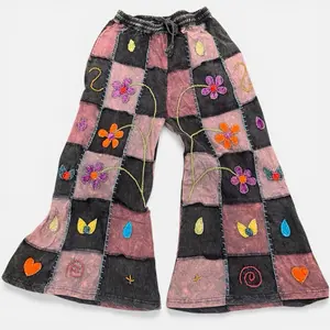 Flower Child Patchwork cotton jersey bell bottom embellished pants