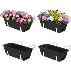 Railing Planter Box Outdoor 4 Pack  Balcony Planters 17 Inch Window Boxes Planter with Adjustable Brackets Plastic Flower Pots for Garden Deck Porch Railing Balcony Fence, Black & White