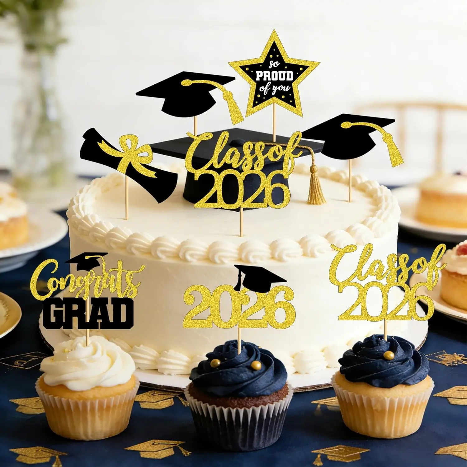 48pcs Grad Cupcake Toppers, Congrats Graduate Cake Picks, 2026 Class Decoration, Shiny Hats and Stars, Party Supplies for Graduation Parties, Cake Decorating Supplies