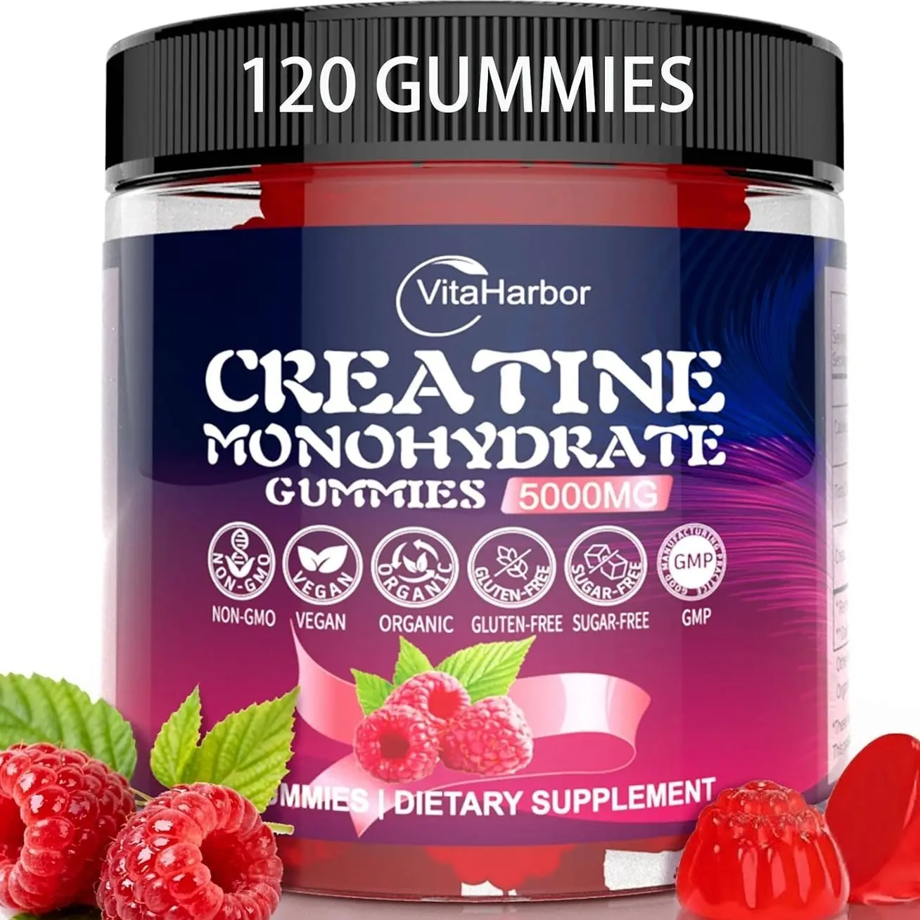 Creatine Monohydrate Gummies 5000mg for Men & Women, Organic Pure Creatine Gummies | Sugar Free,Vegan, Non-GMO,Raspberry Flavor, 120 Count