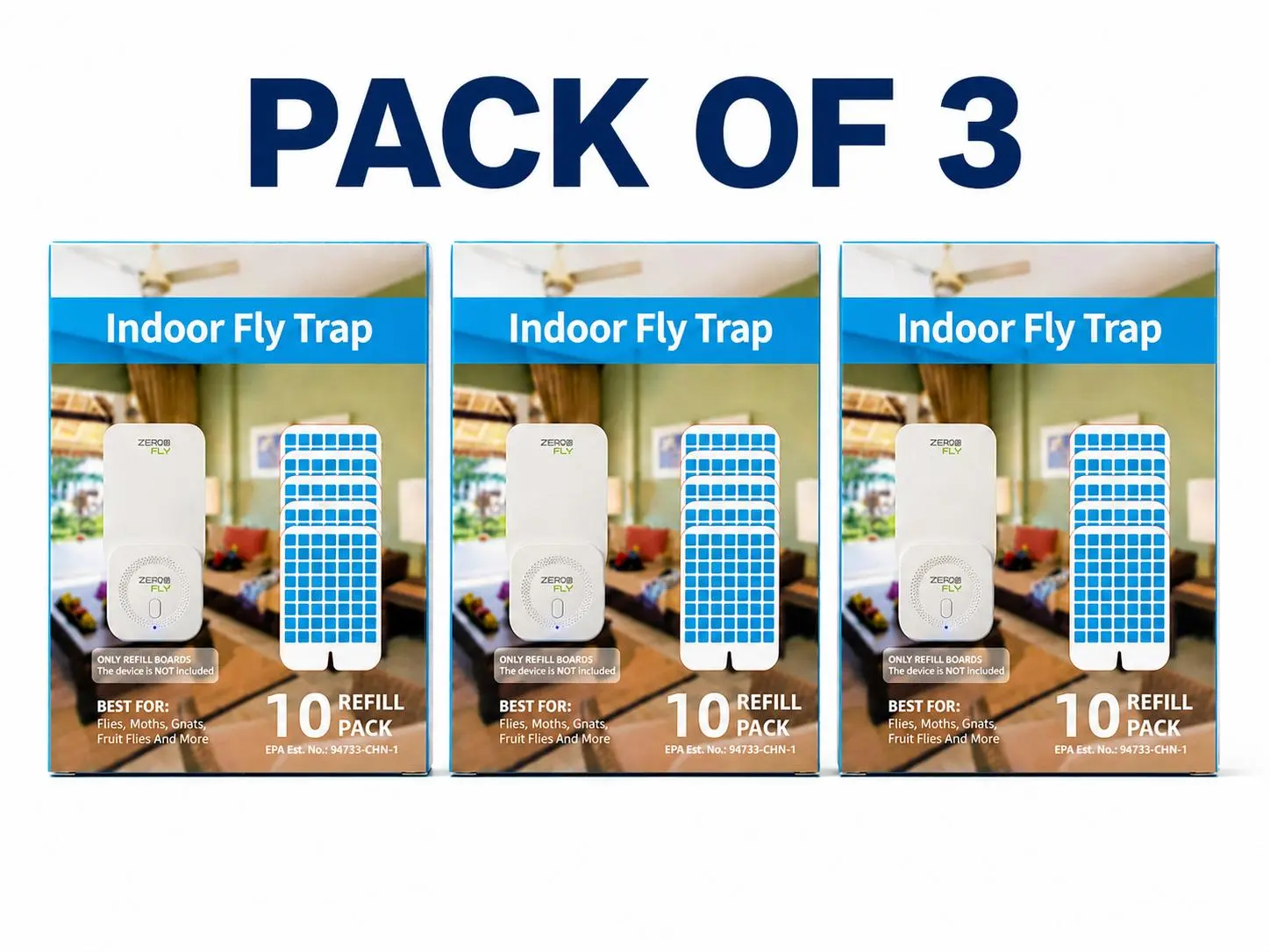 Pack of 3 - ZerooFly Flying Insect Trap Refill (30 Refill) - Compatible / fits with any device - Authentic Trap+Lock Technology to Catch Gnats, House & Fruit Flies, Flies, Moths, Gnats, Fruit Flies Indoor Fy Trap, safe for Kids & Pets, non toxic