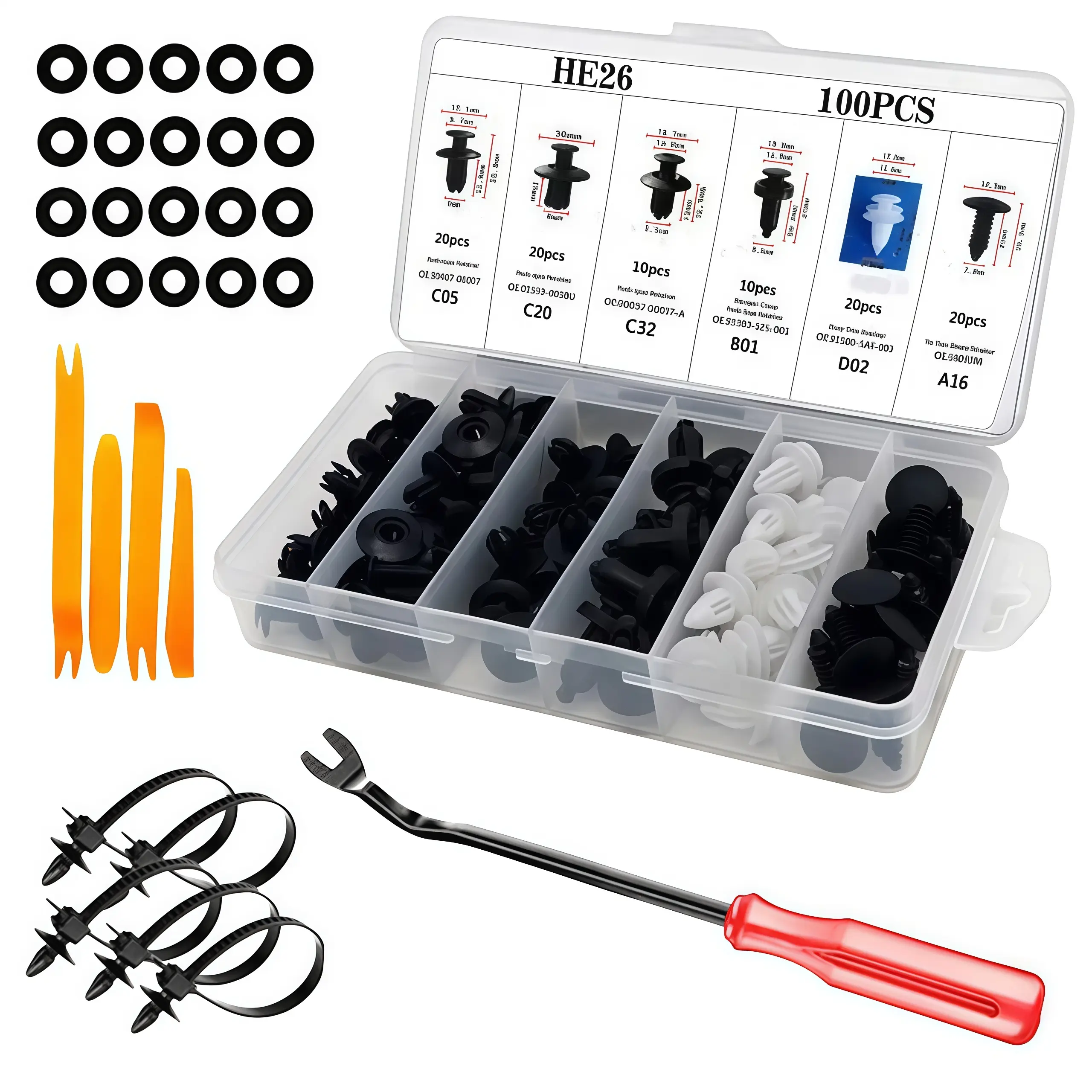 HE26 Automotive Universal Expansion Screw Clip Kit, 100pcs with 30 Spare Parts & Tools for Car Mudguard, Leaf Plates, Door Panel (Fits C05, C20, C32, B01, D02, A16) Car Accessories, Car Clip Kit