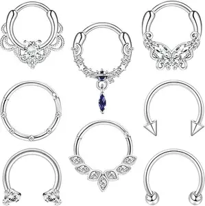Personality 8pcs Septum Rings 16g Surgical Steel Nose Hoops Clicker Daith Piercing Jewelry Silver Butterfly CZ Horseshoe for Women Men