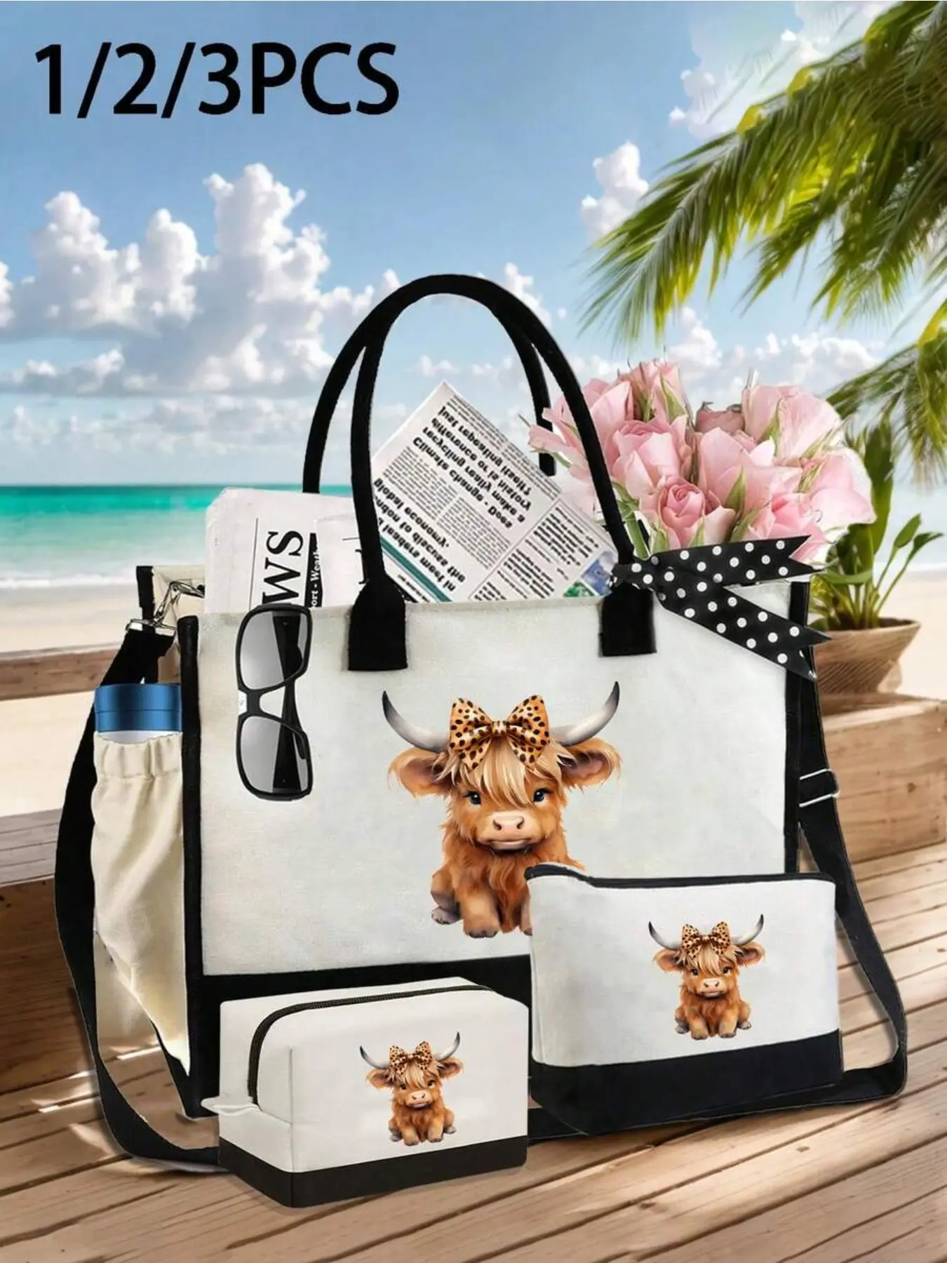 Cute Highland Cow Theme Handbag Set, Bow and Leopard Print, Multi-Functional, Casual Handbags, Includes Handbag and Small Pouch, Ideal Gift