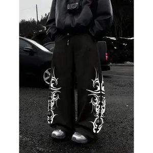 Men's Black Baggy Sweatpants with Tribal Cross Graphic, Streetwear Loose - Fit Drawstring Trousers, Comfortable Casual Pants for Urban Fashion, Edgy Design for Daily Wear, Trendy Outings & Street Style Looks