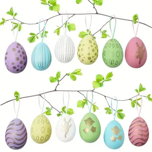Easter set of 12 egg decorations featuring rabbit and chick designs, plastic egg shells with hooks, multicolored spring party gifts   Animal  Mini