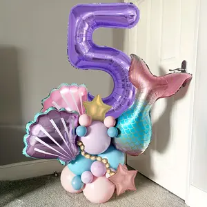 30pcs Purple 32 Inch Digital Foil Balloons, Blue Purple Pink Latex Foil Mermaid Balloons with 2 Pearl Shell Pentagrams for New Year'S Birthday Parties, Weddings, Graduation Carnivals, Anniversaries, Background Decoration, Valentine'S Day