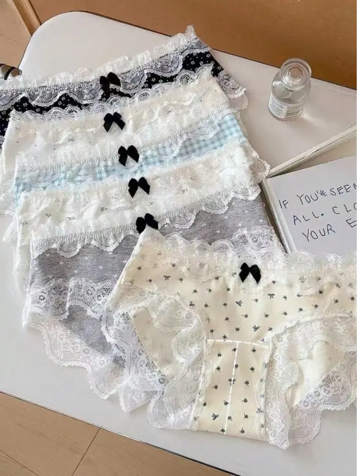 Women's Polka Dot Lace Bow Multicolor Briefs, Soft Comfortable Cute Sexy Panties