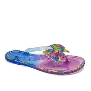 Women's Flat Active Rainbow Bow Slide Jelly Sandals DS-03 - Open Toe, Waterproof PVC Sole, Slip-On, Colorful Beads, Comfortable, Lightweight Summer Casual Wear Footwear for Dancing, Walking