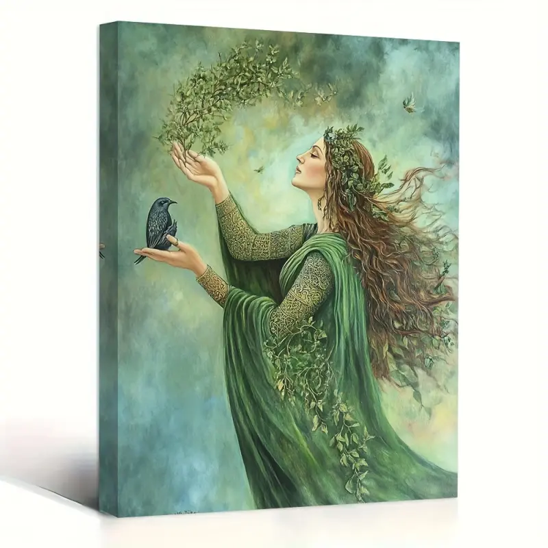 1 Piece Vintage Oil Canvas Wall Art - Berigde Celtic Goddess of Healing and Nature, Wooden Frame Ready to Hang, Farmhouse Style Bedroom, Kitchen, Office Decoration, Country Style Home Decor, Mysterious Artwork, Handmade, Nature-Inspired Art, 2D Flat, Perf