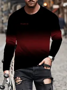 Men's Long Sleeve T-Shirt, Paris Street Style Streetwear Fitted Casual Fit, Gradient Design with 'paris' Print, All Seasons Wear