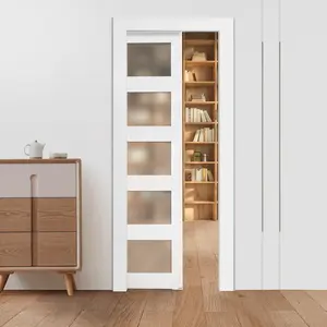 VEVOR Sliding Pocket Door, 30" x 80", 5-Lite Frosted Glass Single Sliding Door with Hardware Kit, Sturdy Solid Wood & MDF Pocket Doors Slab with Waterproof Surface for Bedroom Kitchen Study Room