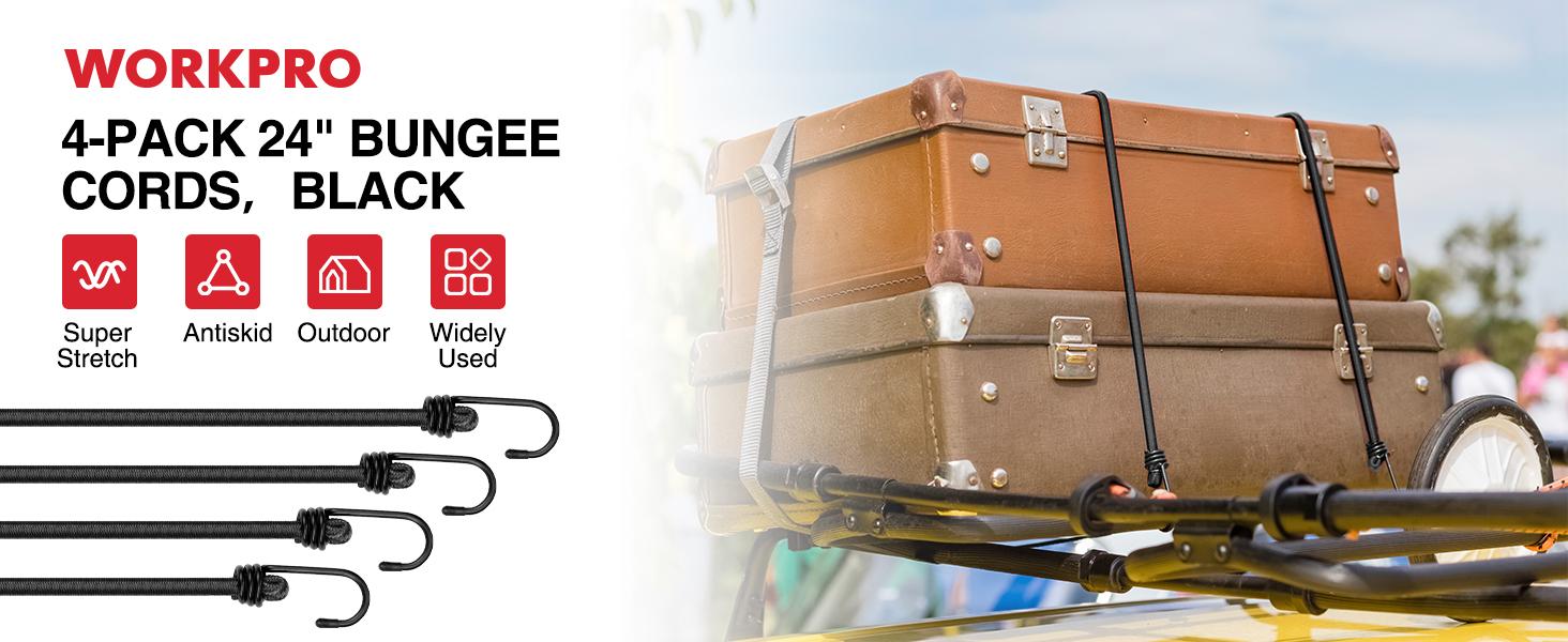 WORKPRO 24 Inch Bungee Cord with Hooks, 4 Pack Superior Rubber Heavy Duty Straps Strong Elastic Rope for Outdoor Tent, Luggage Rack, Camping, Cargo, RV, Bike, Transporting, Storage, Black