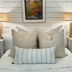 White w/Gray Stripe Linen Pillow