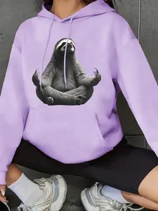 【Plus Size】 Sloth Print Drawstring Pocket Hoodie, Casual Thermal Lined Drop Shoulder Long Sleeve Hooded Sweatshirt, Women's Fall & Winter Clothes for Daily Wear