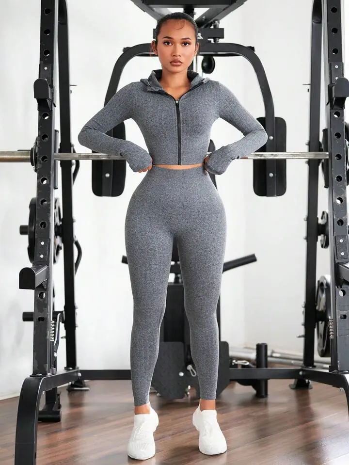 Women's Seamless High Stretch Hooded Sports Set Raglan Sleeve Sports Set for Yoga and Gym, Sporty and Comfy, Breathable, Fall Outfits 2024 - Top, Womenswear