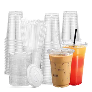 20oz Clear Plastic Cup with Lid & Straw, 50 Sets Disposable Drinking Cup, Disposable Drink Cup for Cold Drink, Ice Coffee, Milkshake & Smoothie, Plastic Clear Cups, Food Grade Plastic Cups, Pop Cups