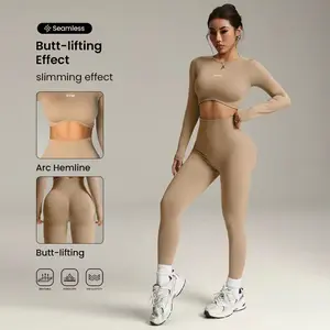 Hijesse Women's shaping and thigh-raising yoga set, long-sleeved short top + high-waisted tight thigh-raising yoga pants. A fitness and dance two-piece set, suitable for daily wear in spring and summer.