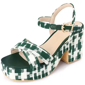 BLISSFUL STEP Women's Cloth Checkered Pattern Platform Heels Chunky Heel Sandals