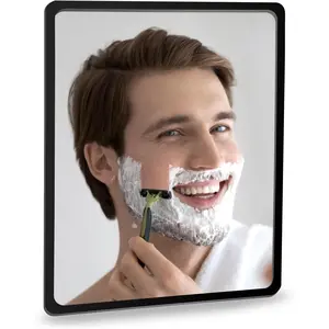 Shower Mirror (9 * 7 inch) 3M Adhesive Anti-Fog Bathroom Wall Mirror, Fogless Shower Makeup Mirror for Shaving, Shatterproof Glassless Child Safe Mirror (Rectangular Black Frame)