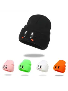 Women's Cute Preppy Style Knit Beanie Fitted Hat, Embroidered Cartoon Expression Design, Perfect for Autumn Winter Casual Wear, Knitted Hat