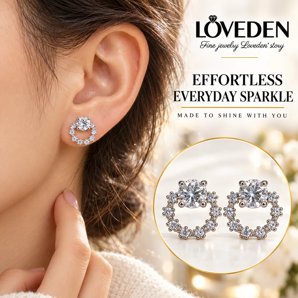 Loveden  GRA Certified Circle Halo Moissanite Stud Earrings For Women, Pass Diamond Tester, D Color VVS1, 925 Sterling Silver, Luxury Wedding Party Fine Jewelry Gift