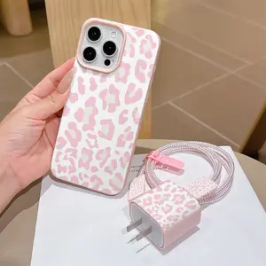 6 Piece Set Leopard Print Phone Case, Charger Head Cover, Cable Protector, Storage Rope, Data Line Protection, Accessories, Fits iPhone 6-17 Pro Max