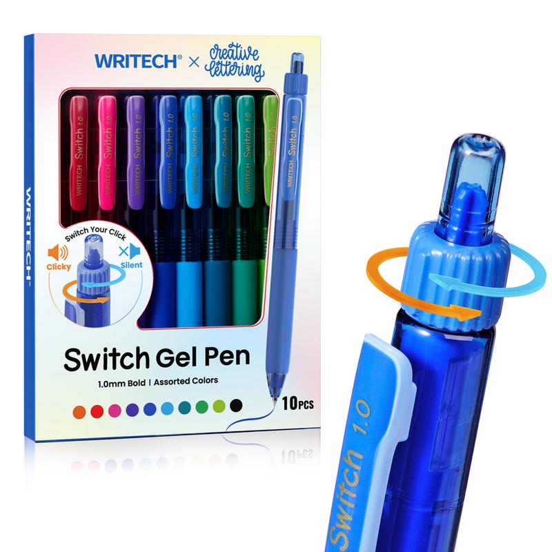 WRITECH x Creative Lettering Colored Ink Gel Pens: Switch Between Silent and Clicky, 1.0mm Bold Point Pen for Journaling Smooth Writing Quick-dry No Bleed 10ct