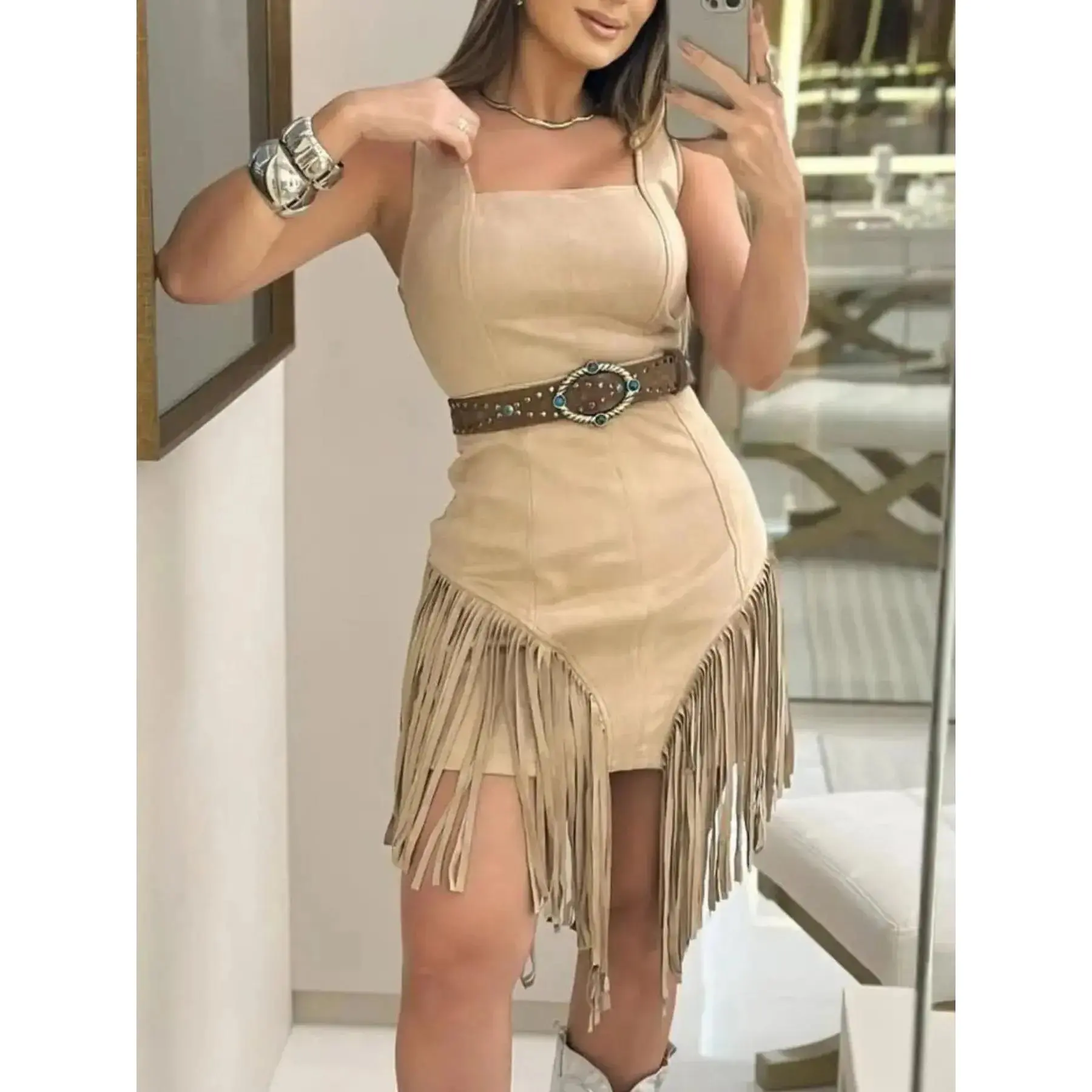 Women Baby Blue Western Cowgirl Fringe Suede Dress with  display picture 3