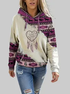 Vintage Boho-Chic Western Hoodie for Women, Dreamcatcher & Horse Print Pullover, Comfortable Polyester Blend Material, Machine Washable Relaxed Fit Casual Hooded Sweatshirt