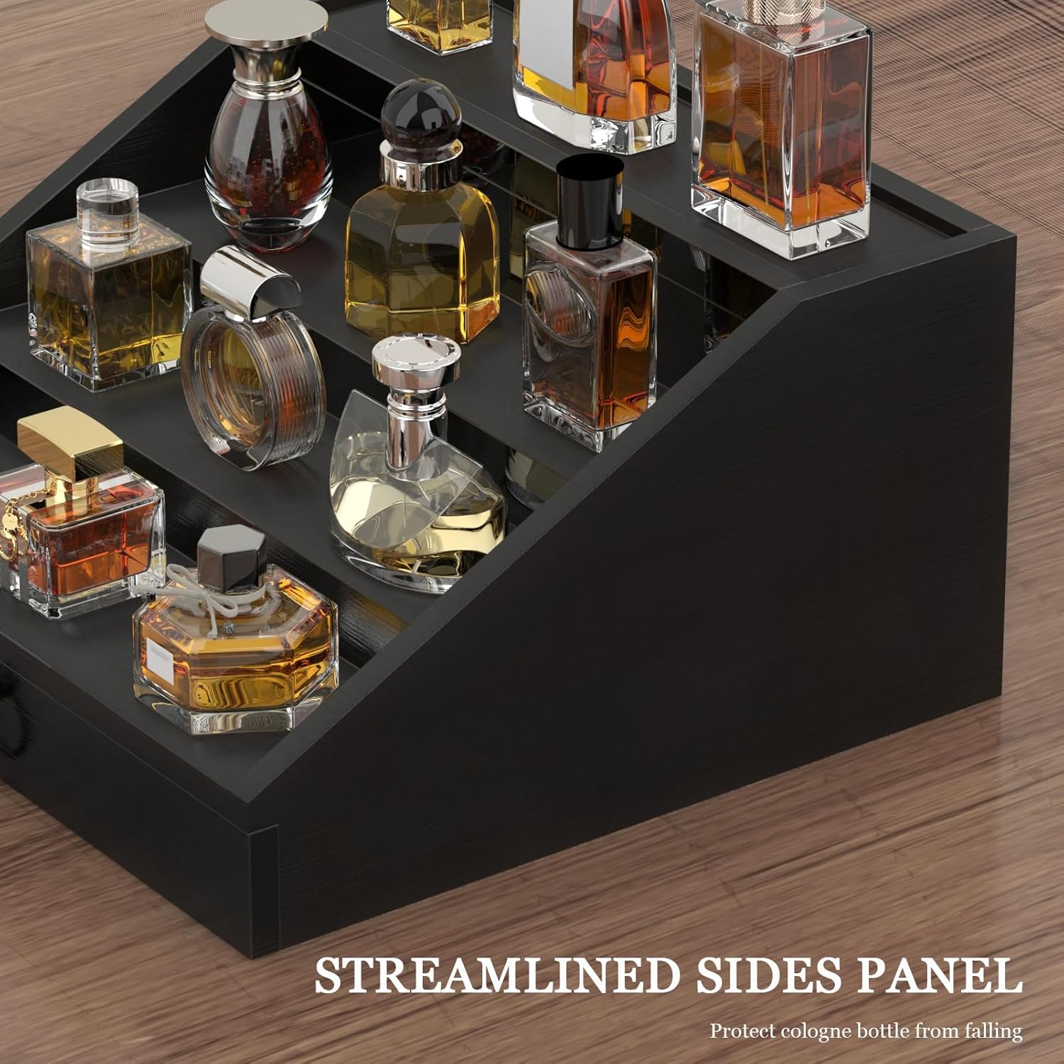 Wooden Cologne Organizer for Men 4 Tier Stand Shelf with Velvet Lined Drawer Hidden Storage Perfume Display Holder Classy Black Gift