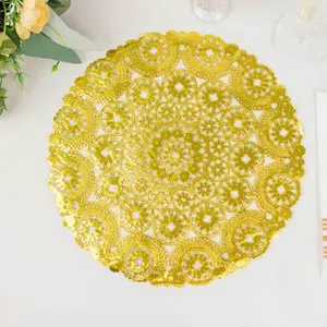 50-Pack Paper Round Placemats 12" Metallic Gold with Medallion Style - 50GSM Disposable Lace Doilies for Desserts, Crafts & Table Decor