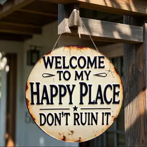 Welcome To My Happy Place Letter Pattern Wooden Sign, Round Wooden Hanging Sign, Decorative Plaque for Home Living Room Bedroom