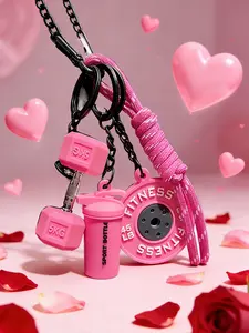 Pink fitness element keychain, personalized dumbbell coffee cup creative modeling, stylish, simple, casual and versatile Valentine's Day romantic dating artifact, small gifts, suitable for bag ornaments, Keychain Wristlet Strap