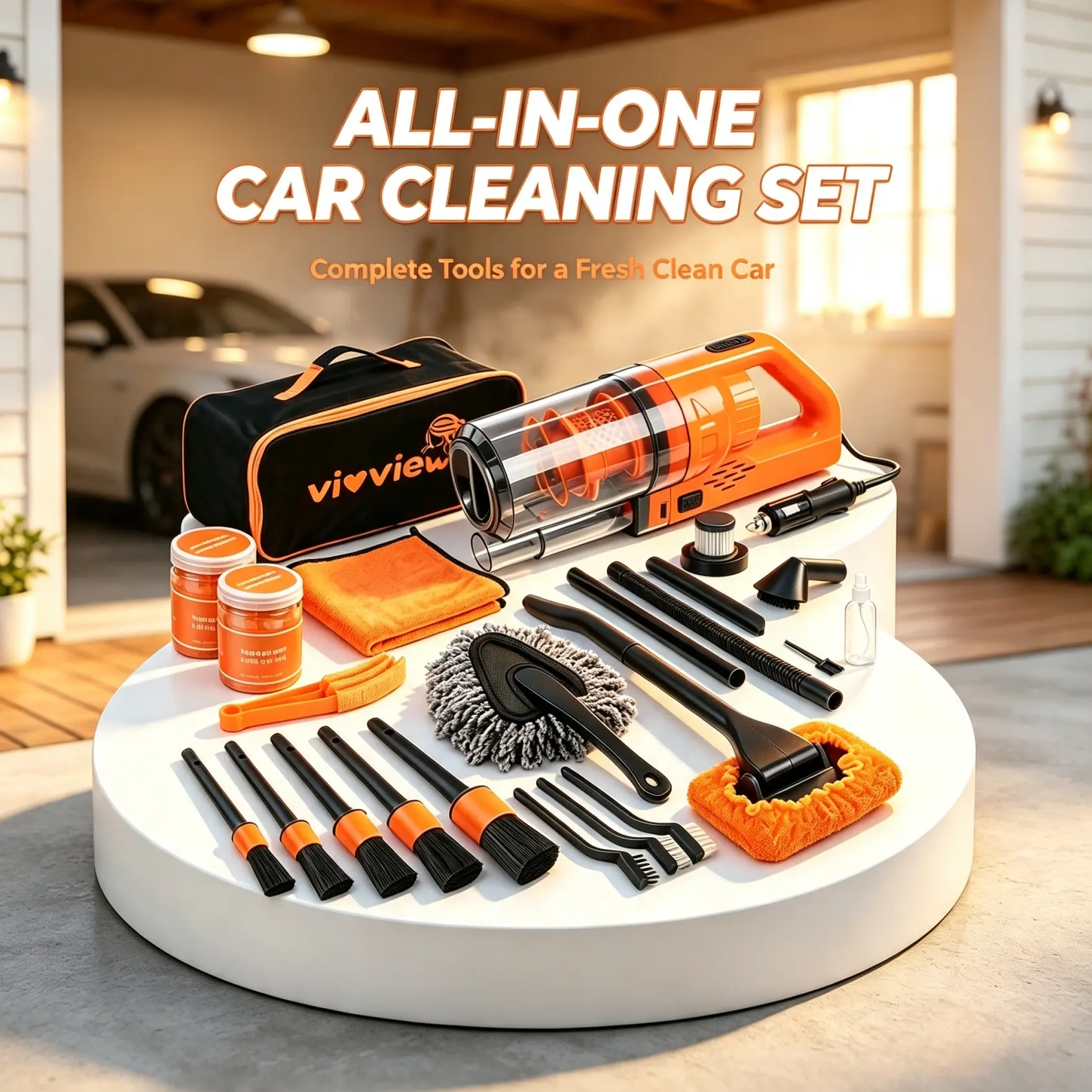 【TikTokShop BackToSchool】Vioview Car Detailing Kit, 17Pcs Complete Car Interior Cleaning Supplies, High‑Power Portable Car Vacuum, Detailing Brush Set & Windshield Cleaner, Orange Car Accessories Gift for Women & Men, Summer Vibes