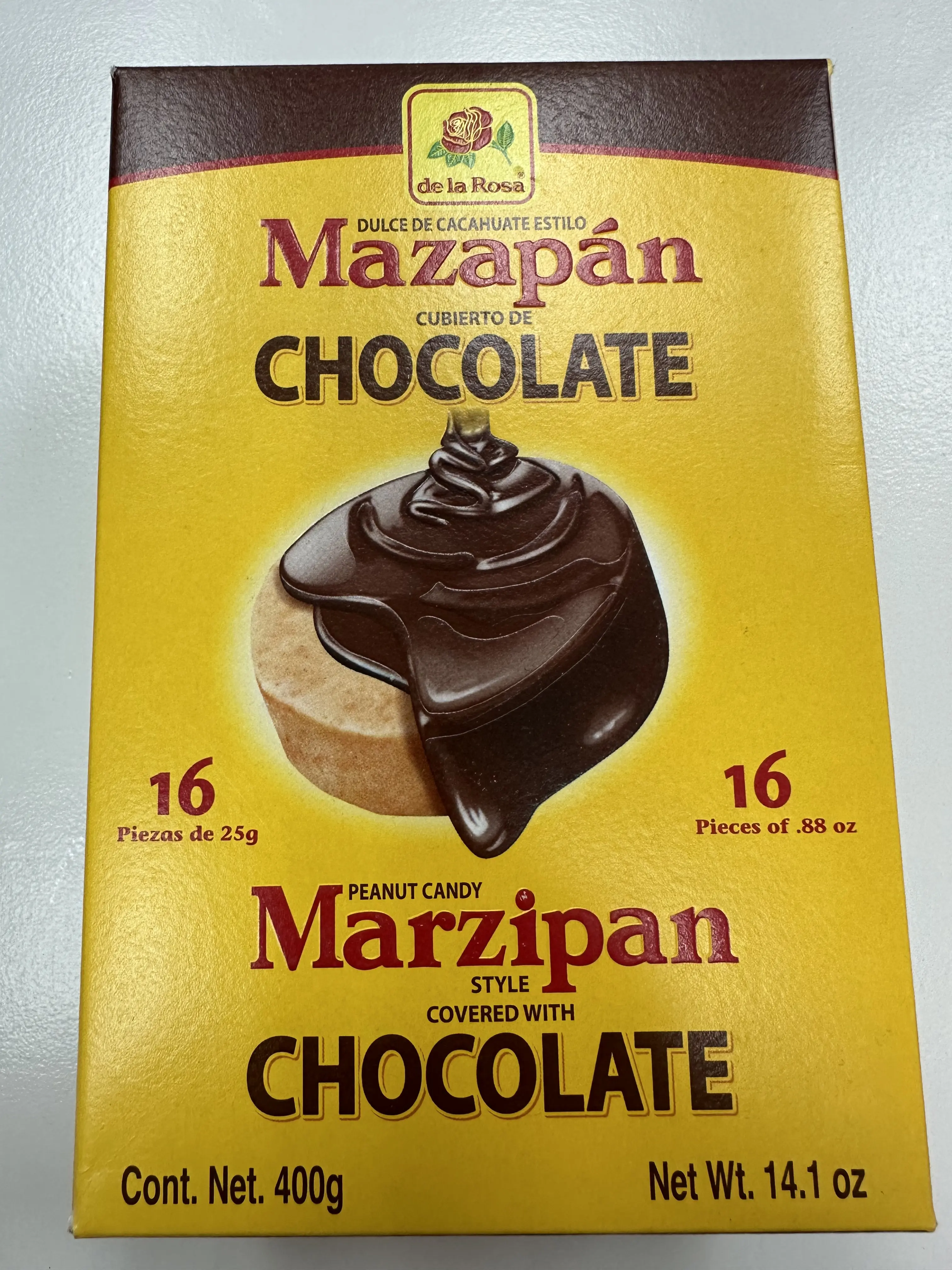 De La Rosa Chocolate Covered Mazapan, Peanut Candy 16 Piece Box mexican chocolate