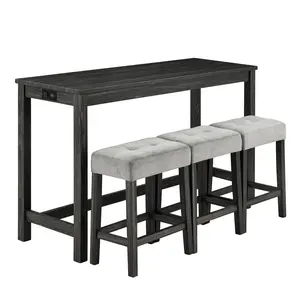 Industrial 3-Piece Bar Table & Stool Set, Imitation Wood Grain, Nesting Space-Saving Design, Ergonomic Fabric-Cushioned Seats, Sturdy MDF & Solid Wood Construction, Easy Assembly, for Kitchen & Living Room, 60"L×20"W×36"H Table, 18"L×11"W×24.25"H Stools
