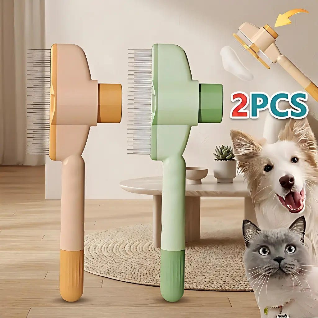 Dog & Cat Fur Grooming Brush Set (2-Pack, Green & Yellow) - Silicone Universal Fur Remover with Release Button, Flea Tool, Flexible Bristle Brush, Deshedding Comb for Short/Long Hair Pets, Stress Relief & Clean Aid, Moisturizing, Two Piece Sets