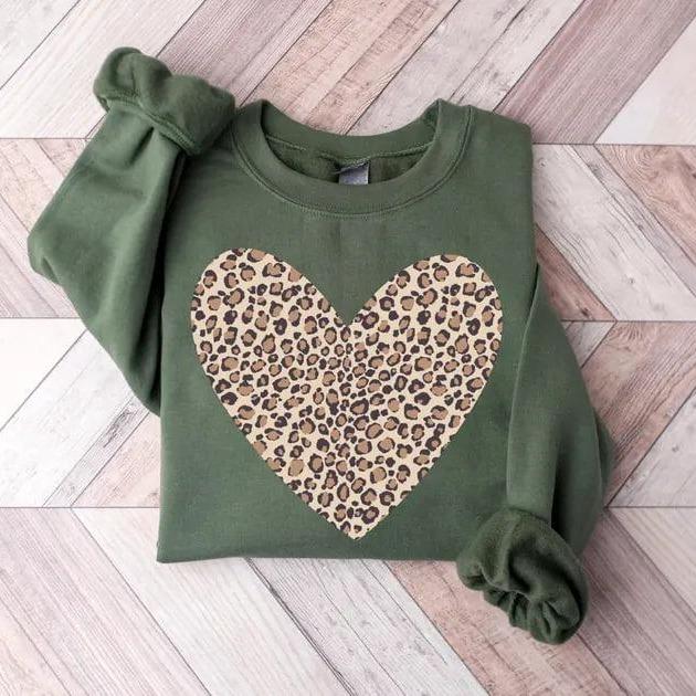 Leopard heart sweatshirt for Valentine’s Day, stylish leopard print sweater, cozy love gift for her or mom, perfect Valentine’s Day present idea today
