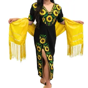 Girasol Dress - Mexican Embroidered Long Sunflower Dress with Slit