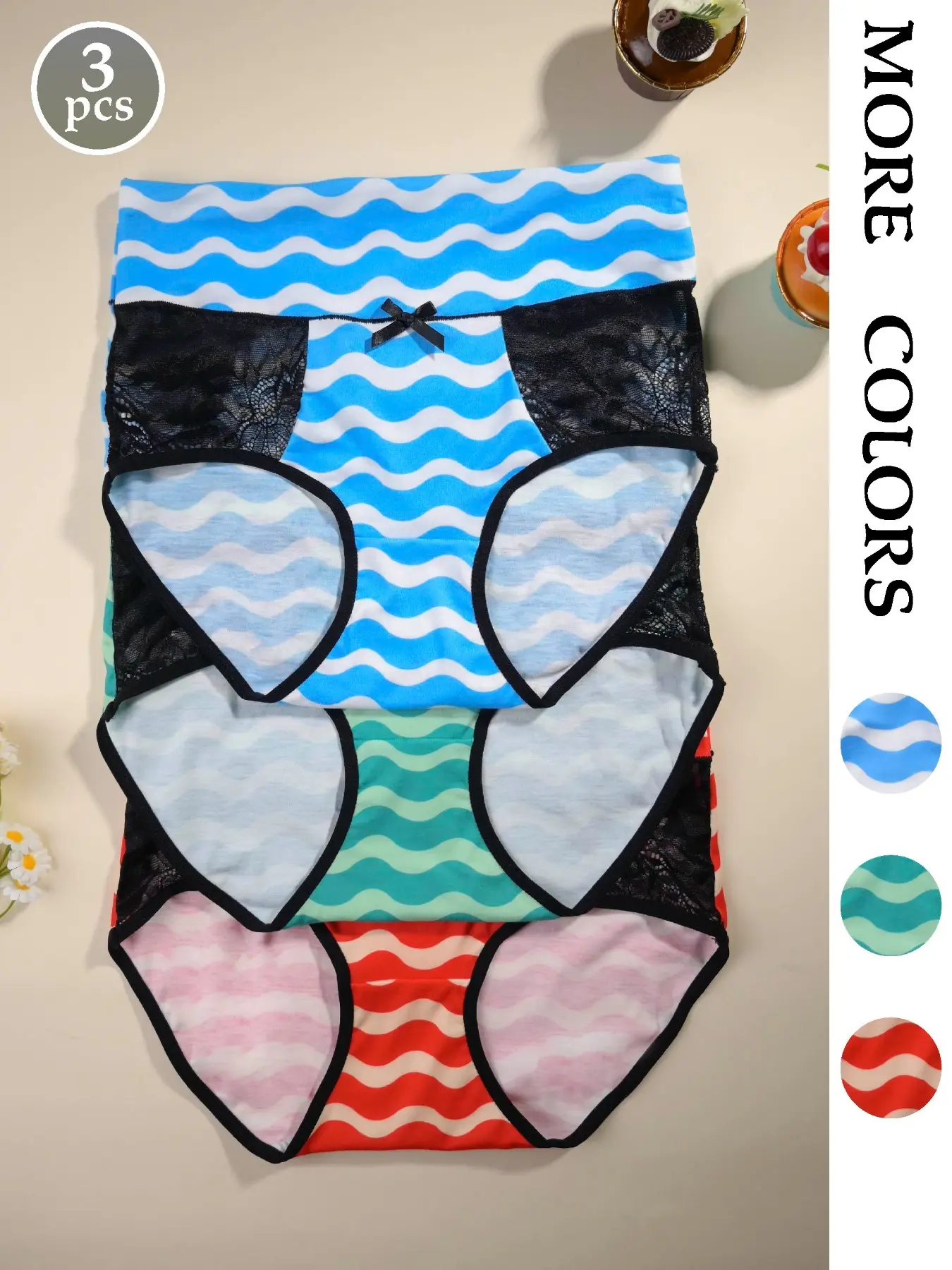 Women's Wave Striped Lace Design Panties, Comfortable Smooth Dance Yoga Underwear, Seamless Triangle Briefs, 3 Pack