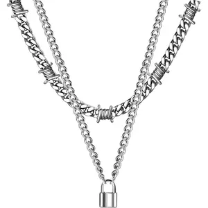 Barb Wire Choker Necklace Lock Pendant Necklace for Men Women Stainless Steel Layered Gothic Thorns Punk Chunky Chain Necklaces