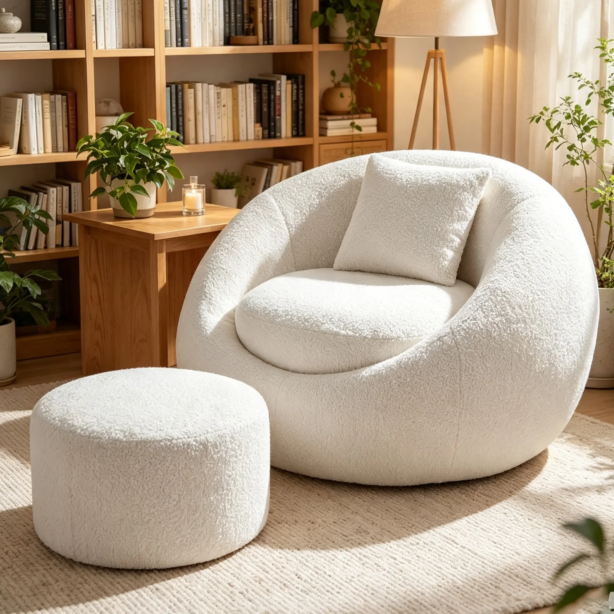 Bean Bag Chairs with Ottoman & Pillow, Single Sofa Chair Large Lazy Floor Sofa, Pre-Filled Shredded Memory Foam Chair with Ottoman & Pillow, Sherpa Fleece Fabric Tufted Comfy Lounge Couch for Adults, Teens