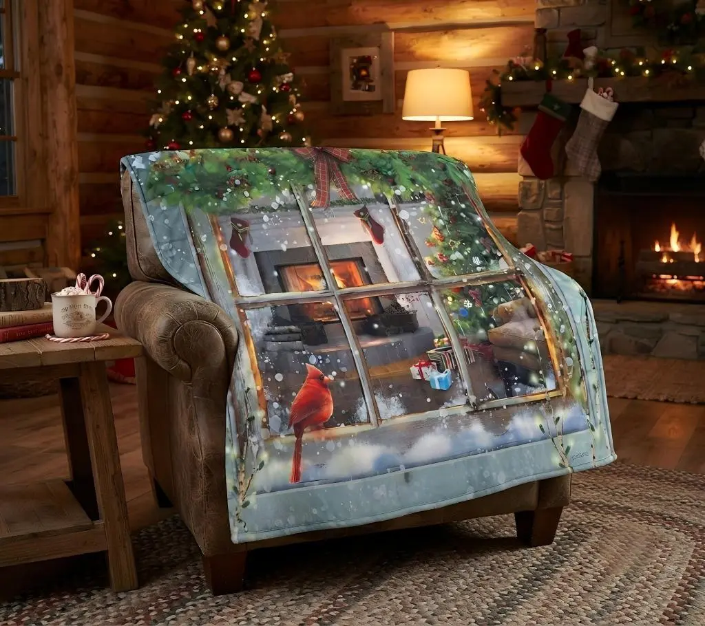 Winter Window Red Cardinal Fleece Throw Blanket, Cozy Christmas Tree & Fireplace Bedding - Festive Holiday Home Decor for Living Room