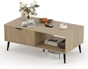 Coffee Table, 41.34" Wooden Coffee Table with Storage Cabinet, Two-Tier Design, Wave-Style Sliding Doors, Modern and Functional for Farmhouse, Living Room, Office, or Lounge